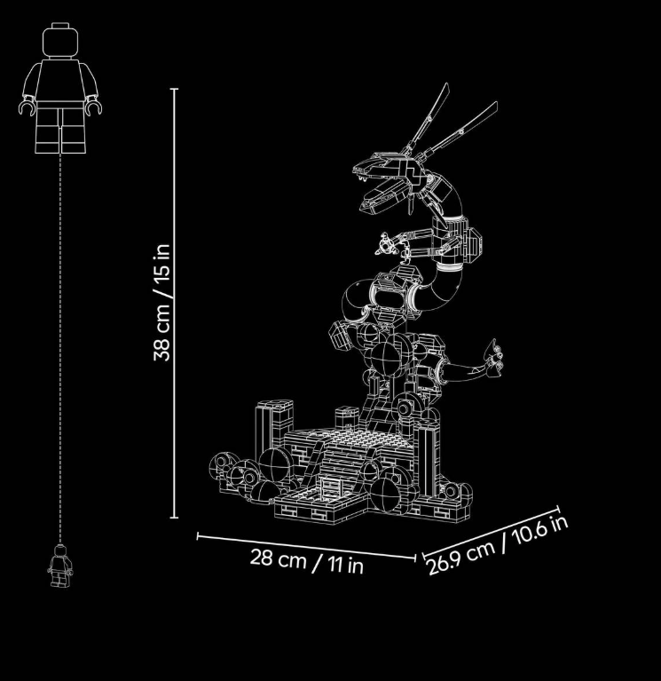 Linienzeichnung eines Lego-Drachenmodells mit Maßangaben von 38 cm Höhe, 28 cm Breite und 26,9 cm Tiefe.