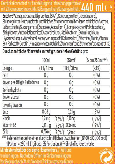Nährwerttabelle und Zutatenliste eines Zitronen-Getränkekonzentrats mit 440 ml Inhalt.