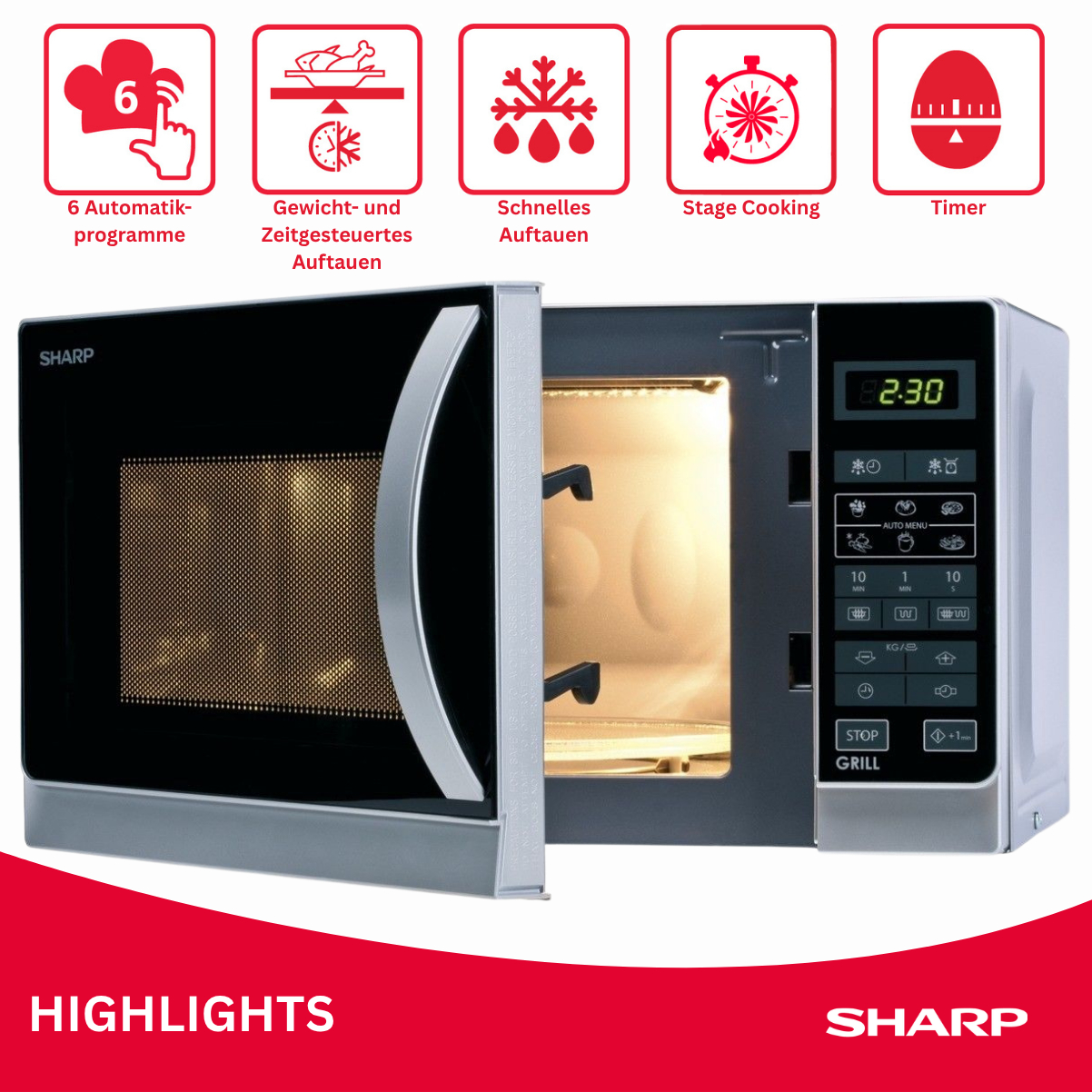 SHARP R-642INW, Mikrowelle (800 Watt, Grillfunktion)