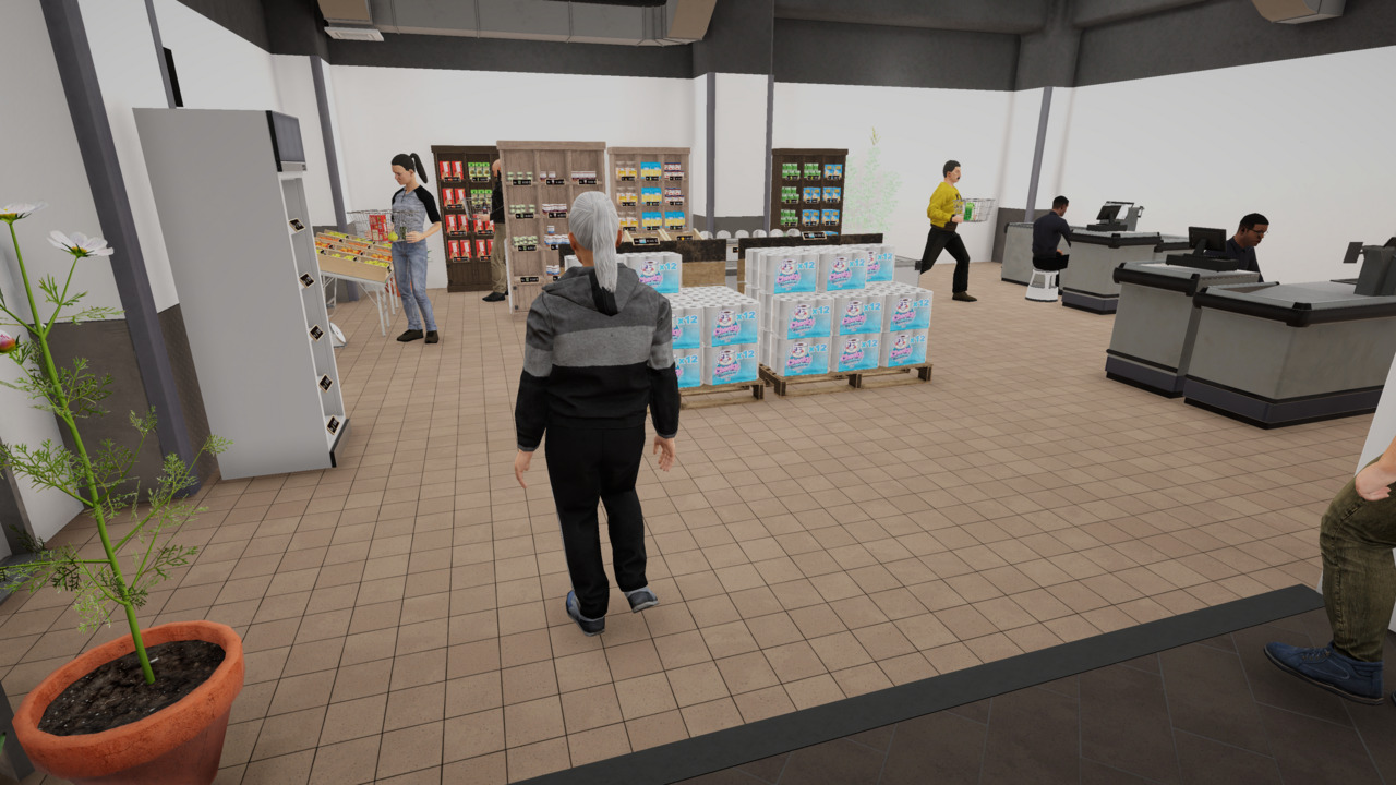 Person im Supermarkt geht an Regalen und Kassen vorbei, während Kunden einkaufen.