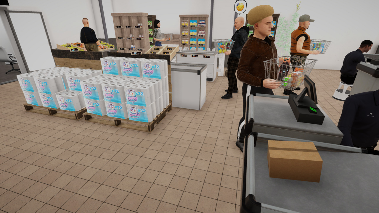 Kunden in einem Supermarkt, im Vordergrund Toilettenpapierstapel und eine Kasse.