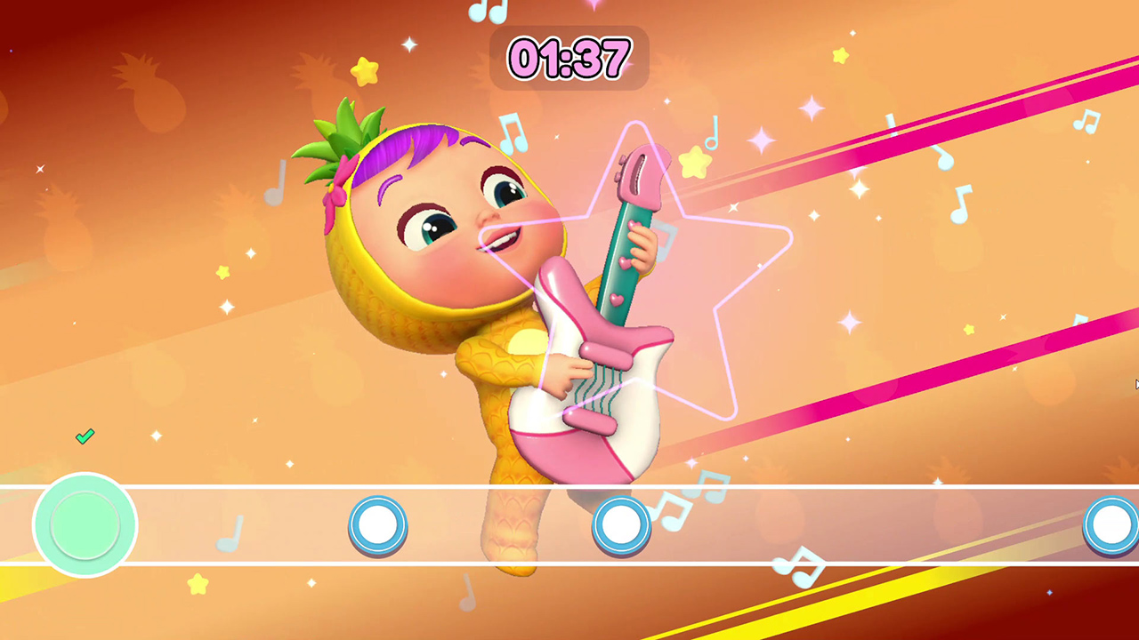 Ein Cartoon-Baby im Ananas-Kostüm spielt auf einer pink-weißen Gitarre vor orangefarbenem Hintergrund mit Noten.