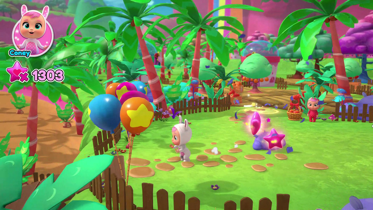 Ein Videospielszene zeigt eine weiße Hasenfigur auf einer Wiese mit bunten Ballons, Palmen und glühenden Sternen.