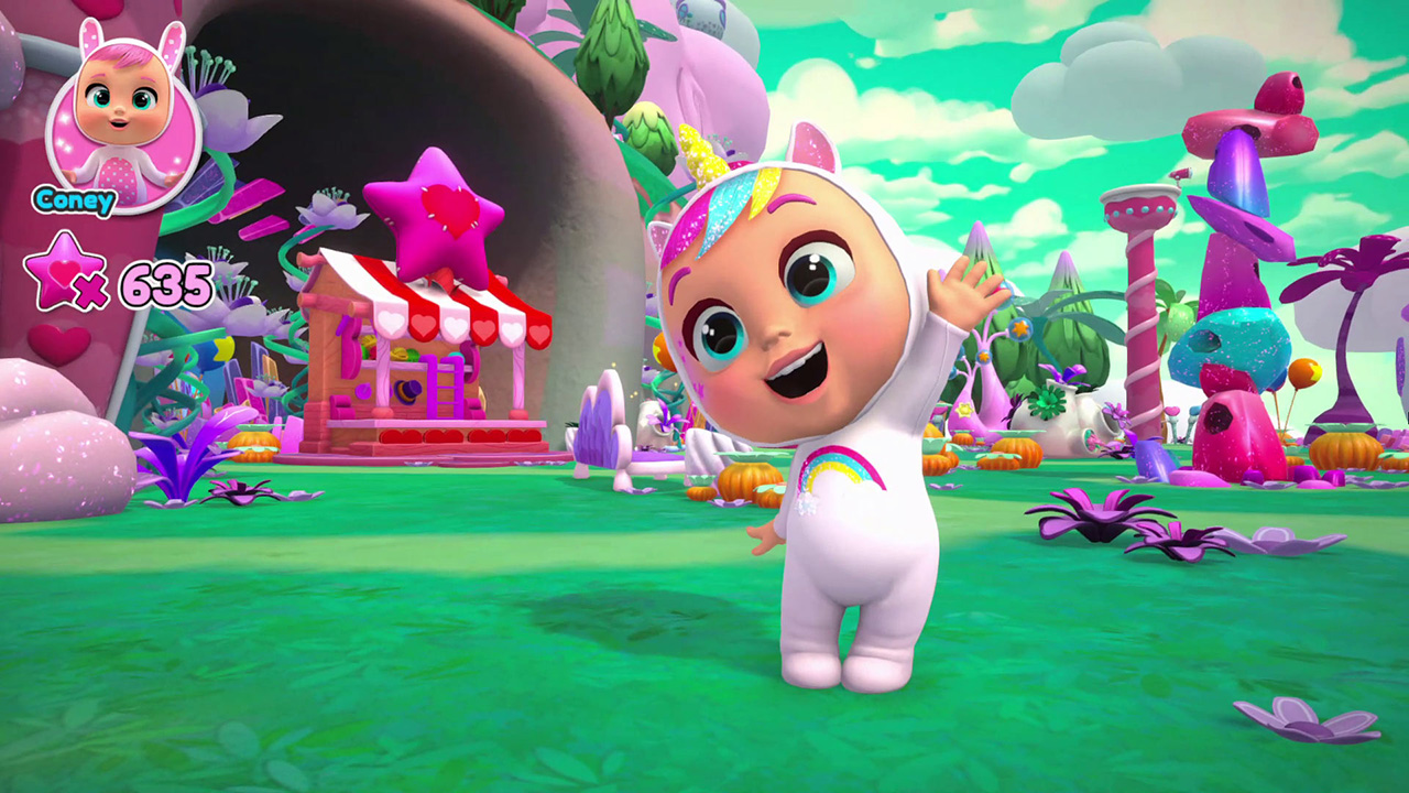 Ein niedliches, einhornähnliches Baby winkt in einer farbenfrohen Fantasiewelt mit grünem Gras und rosafarbenem Gebäude.