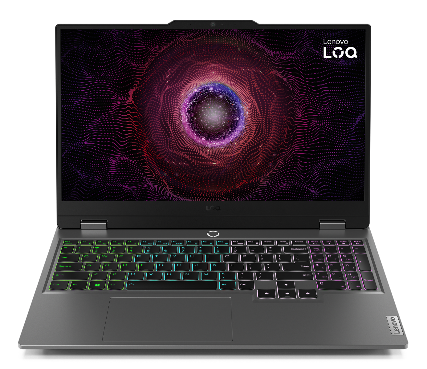 Laptop Lenovo LOQ wyświetla abstrakcyjny różowo-niebieski wzór z podświetlaną klawiaturą.