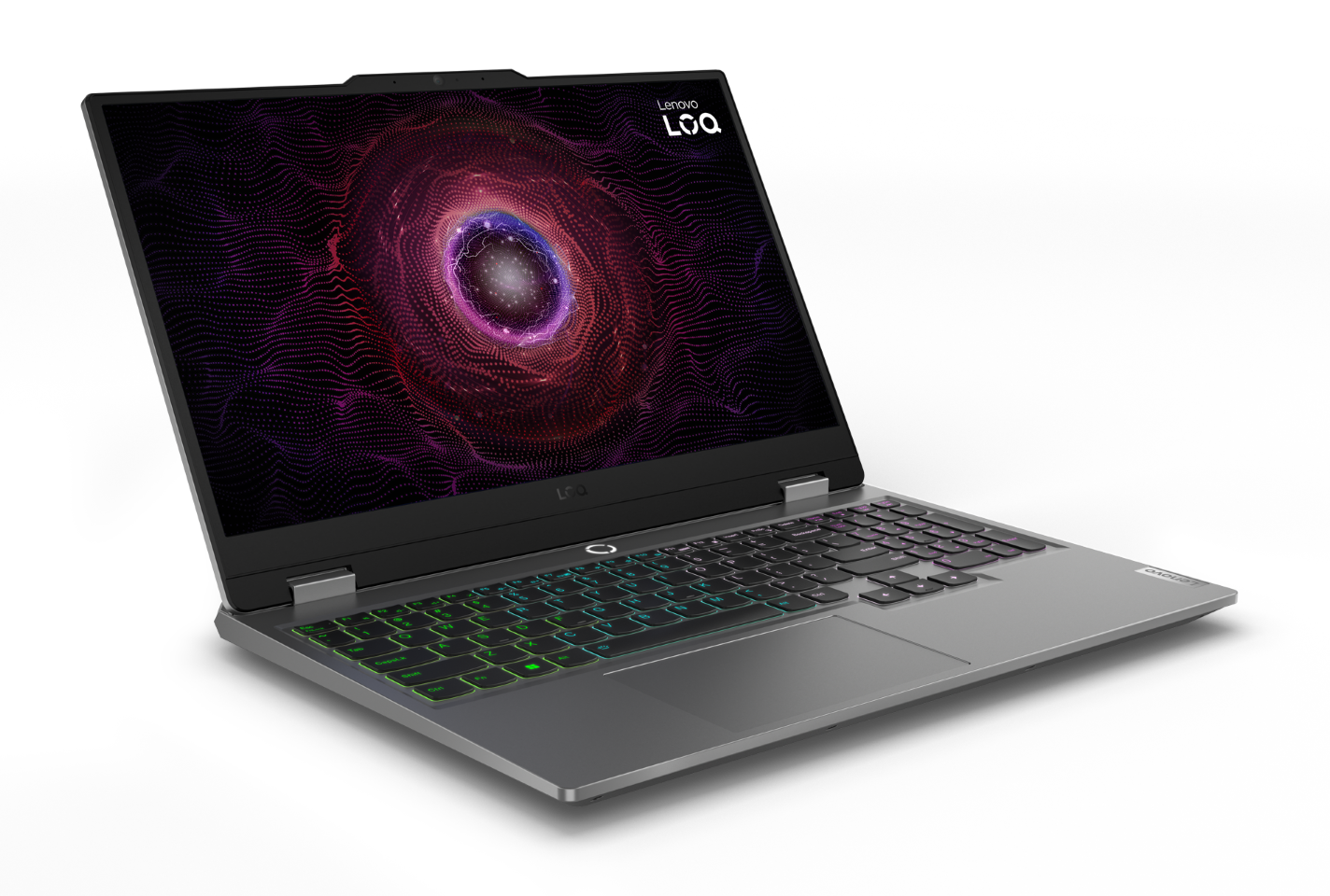 Szary laptop Lenovo LOQ z podświetlaną klawiaturą i kolorowym abstrakcyjnym obrazem na ekranie.