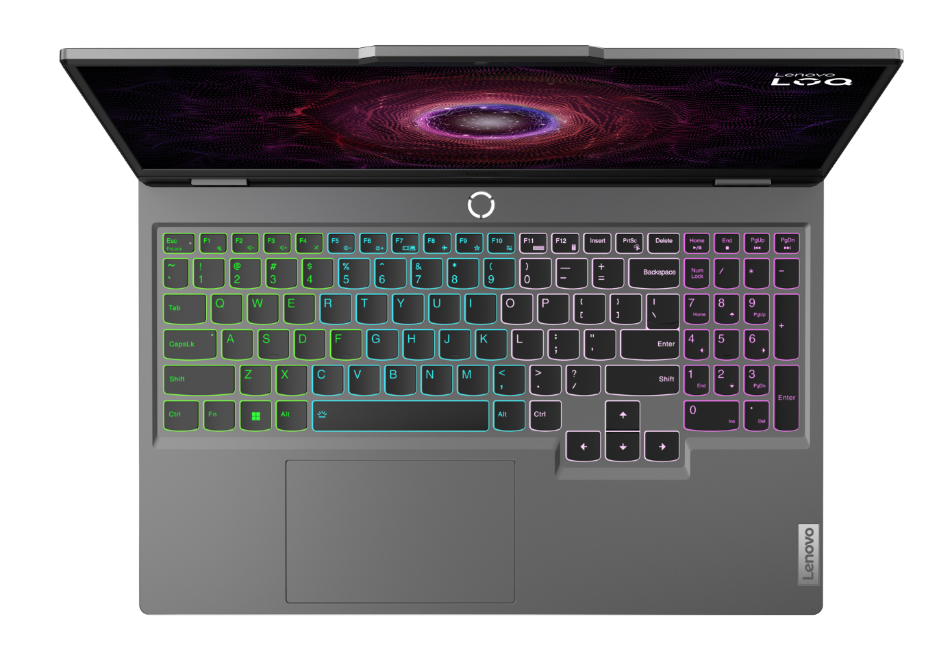 Szary laptop Lenovo z wielokolorową podświetlaną klawiaturą i abstrakcyjnym tłem ekranu, widoczny z góry.