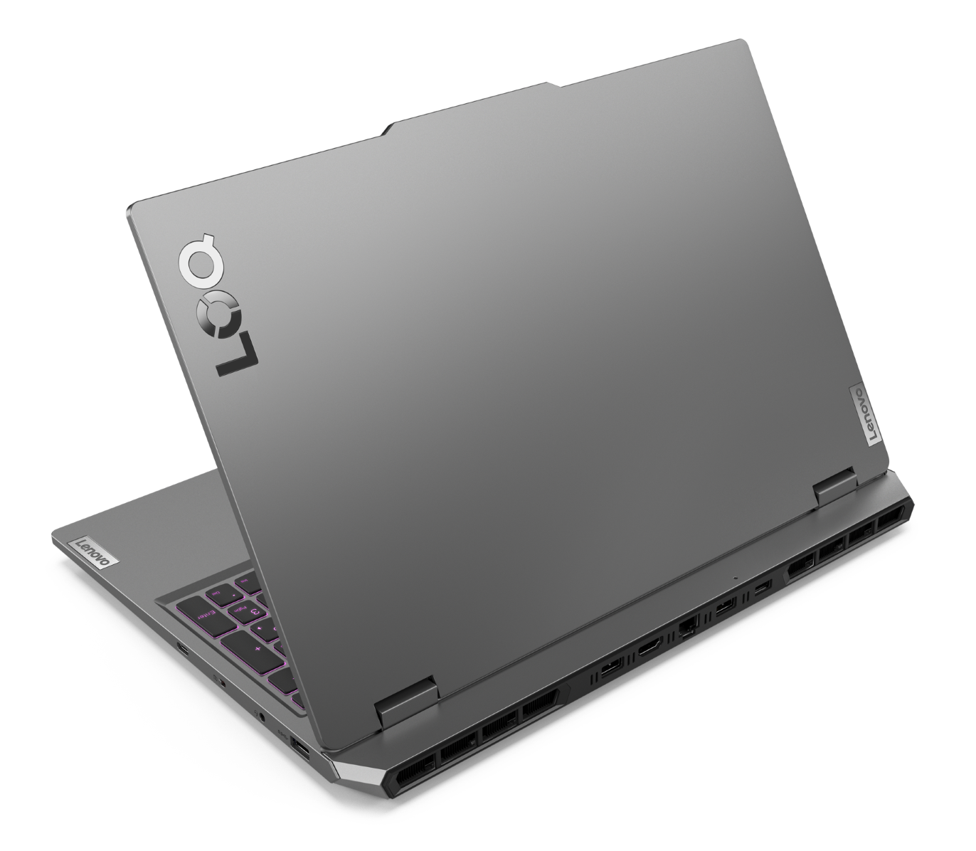 Szary laptop Lenovo LOQ widziany od tyłu z podświetlaną klawiaturą i licznymi portami na czarnym tle.