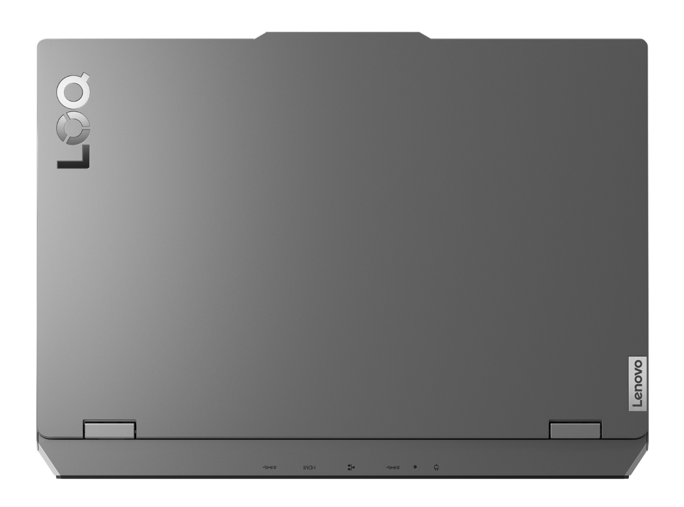 Szary, zamknięty laptop Lenovo LOQ od góry, z logo w lewym górnym rogu i napisem Lenovo w prawym dolnym rogu.