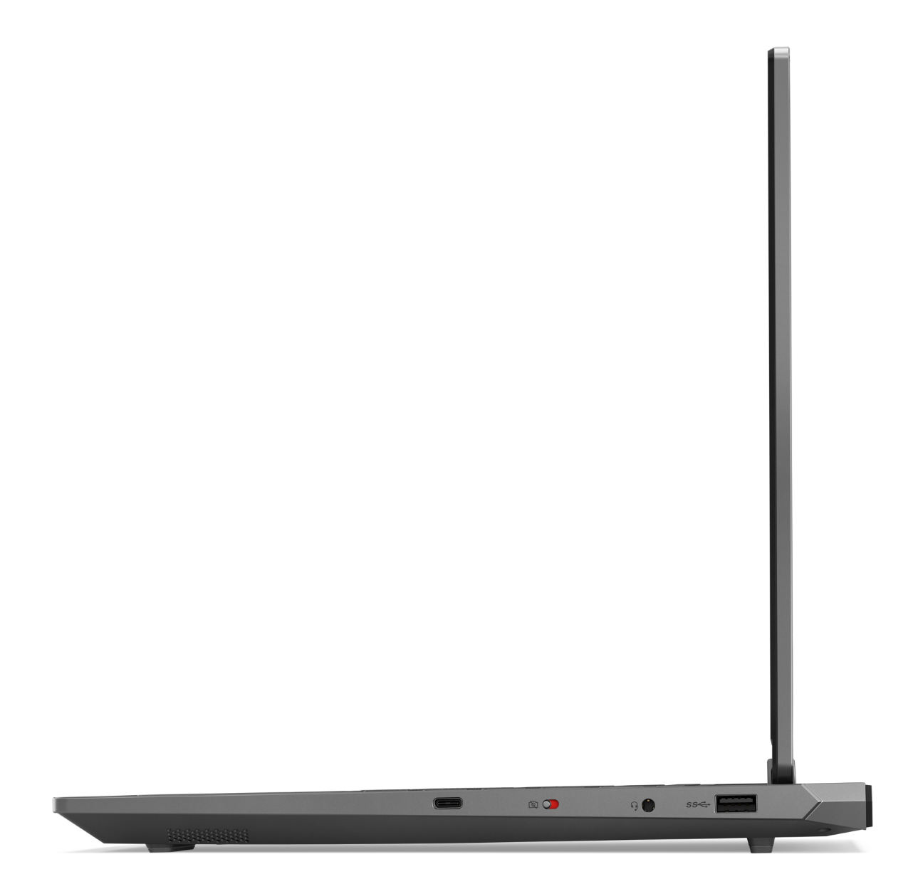 Widok z boku szarego laptopa z portami USB, gniazdem audio i przełącznikiem na czarnym tle.