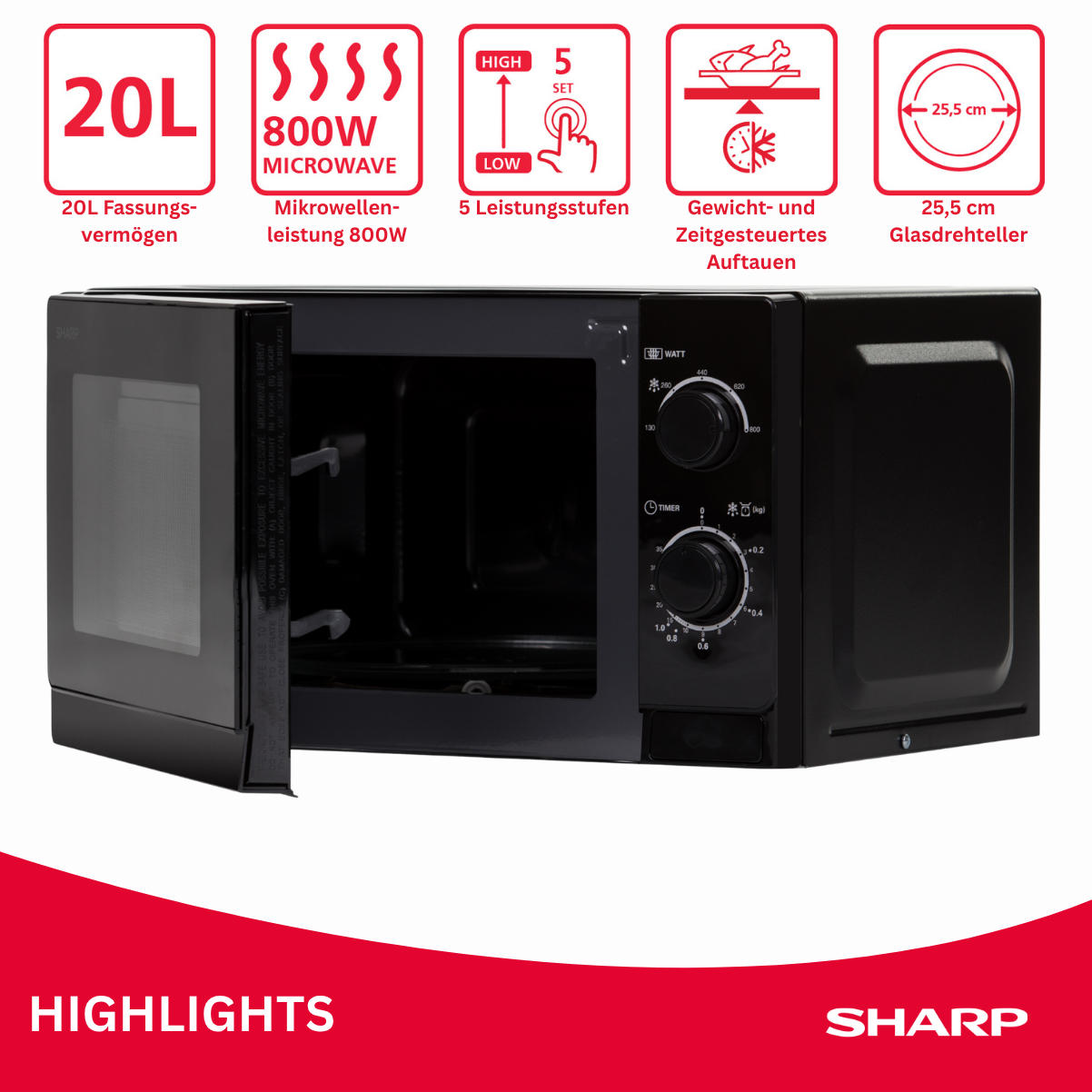 SHARP R 200 BKW, Mikrowelle (800 Watt)