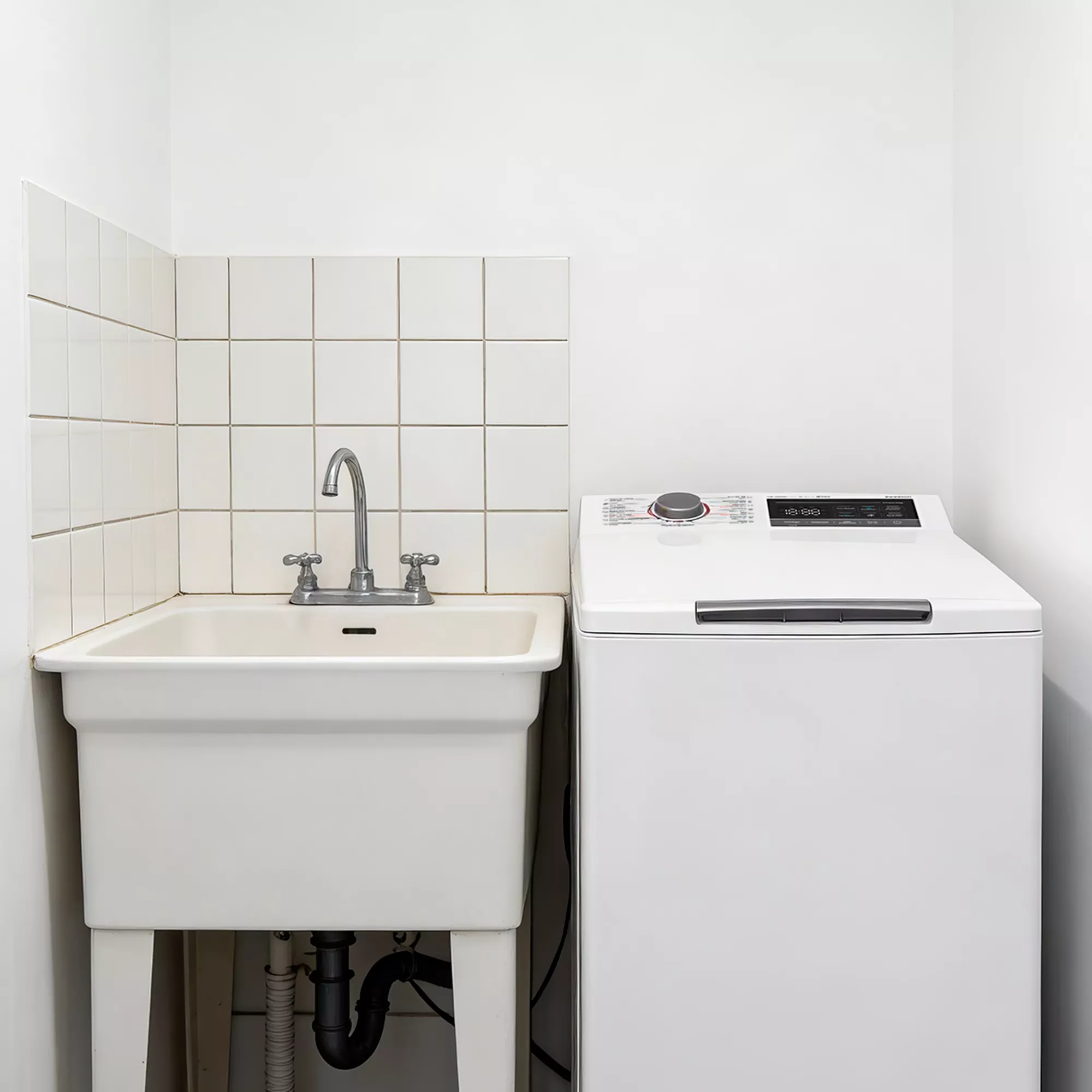 Un lavadero blanco con pared de azulejos junto a una lavadora blanca en una habitación.