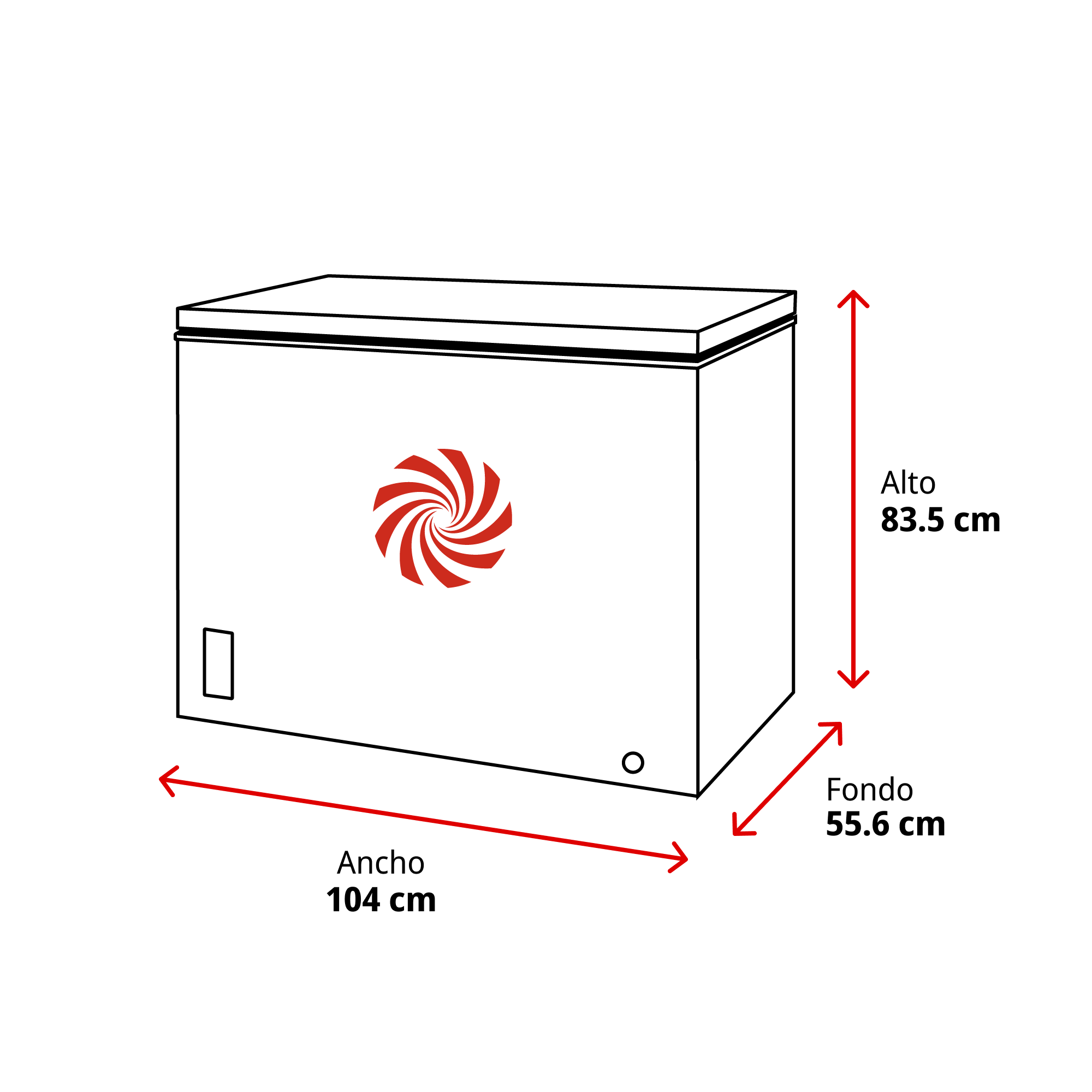 Cofre congelador con medidas rojas que muestran alto 83.5 cm, ancho 104 cm y fondo 55.6 cm.