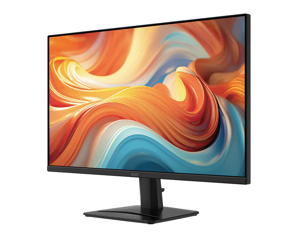 Un monitor MSI negro muestra un patrón de ondas abstracto y colorido en naranja y azul.