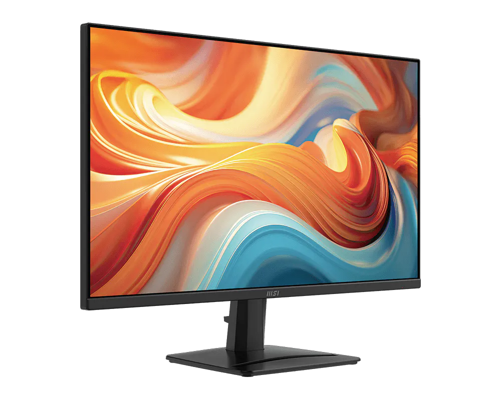 Un monitor MSI negro que muestra un patrón de ondas abstracto y colorido sobre un fondo negro.