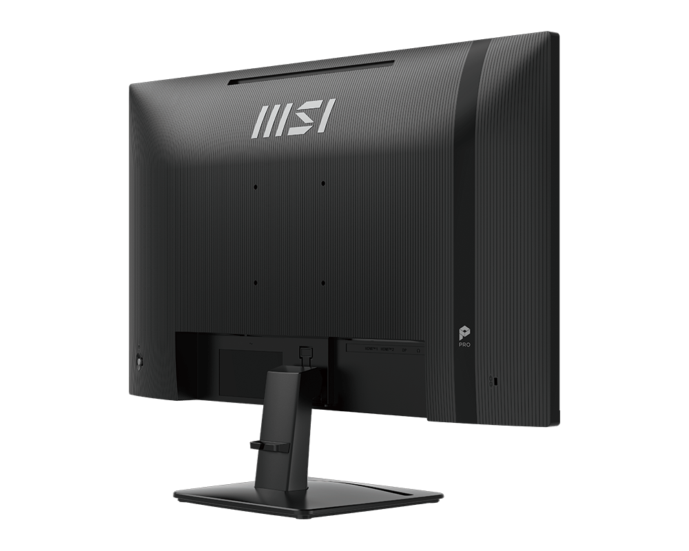 Vista trasera de un monitor MSI negro con panel trasero texturizado y soporte, aislado en fondo negro.