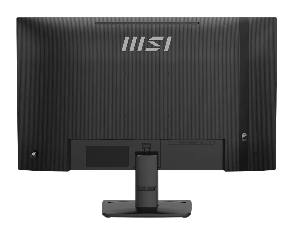 Vista trasera de un monitor MSI negro en un soporte, mostrando su panel texturizado, puertos y logotipo.