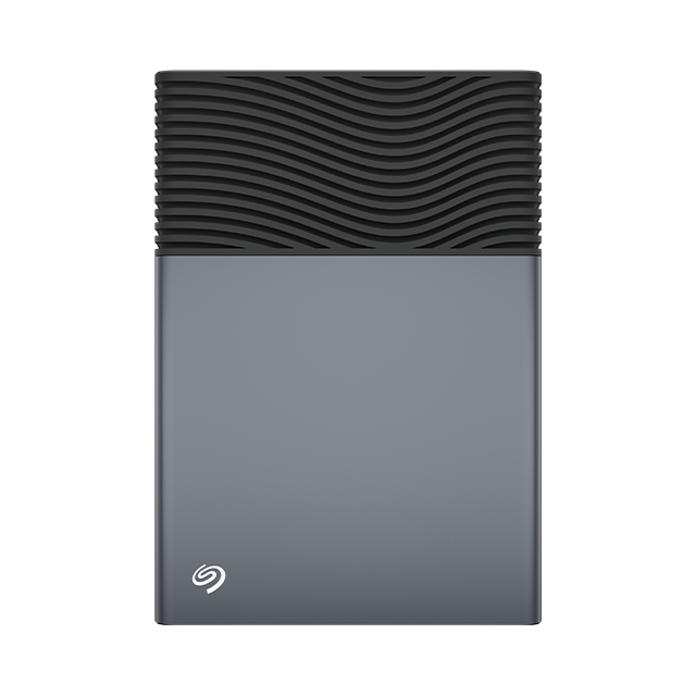 Un disco duro gris de Seagate con un patrón negro ondulado arriba y un logotipo blanco abajo a la izquierda.