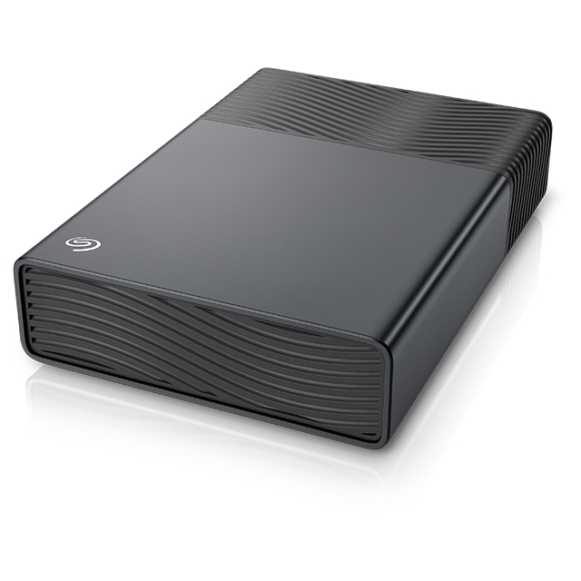 Disco duro externo Seagate negro con patrón de ondas y centro liso.
