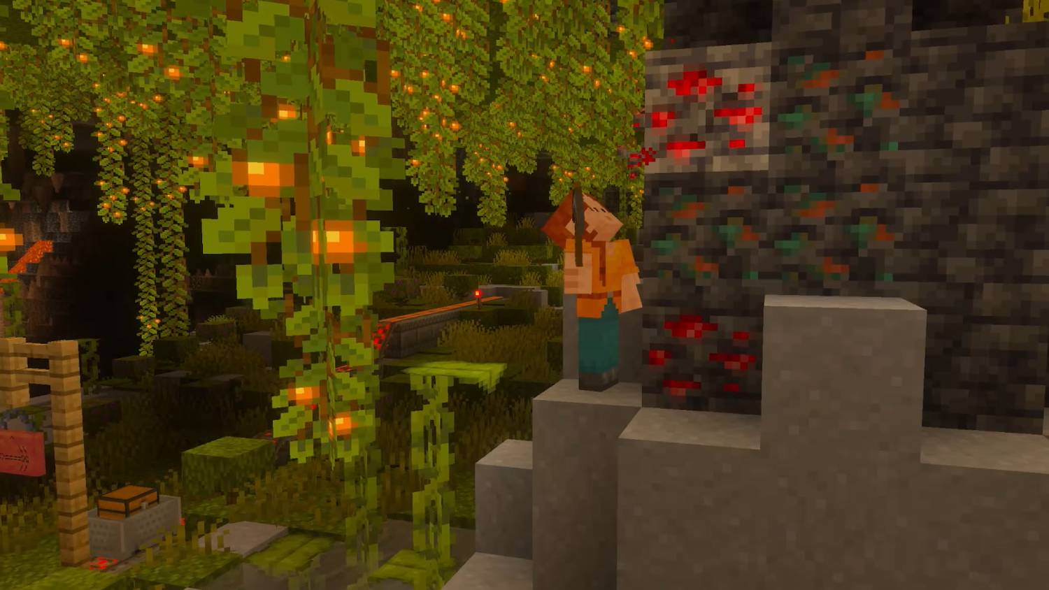 Jugador de Minecraft en una cueva exuberante con bayas brillantes y minerales.