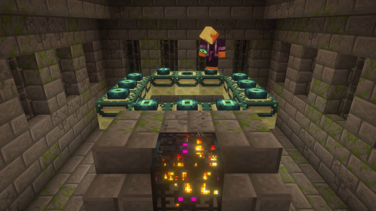 Portal del Fin de Minecraft en una mazmorra de piedra con un generador y una figura.