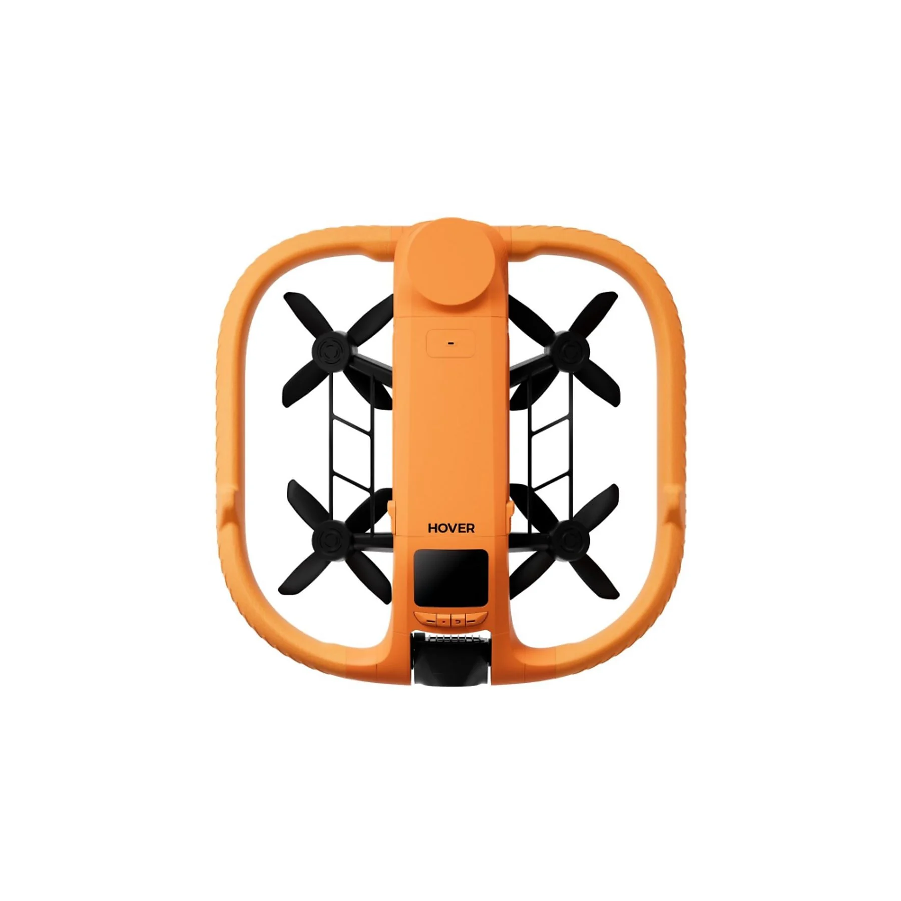 Un dron Hover naranja con cuatro hélices negras y protectores contra un fondo blanco.