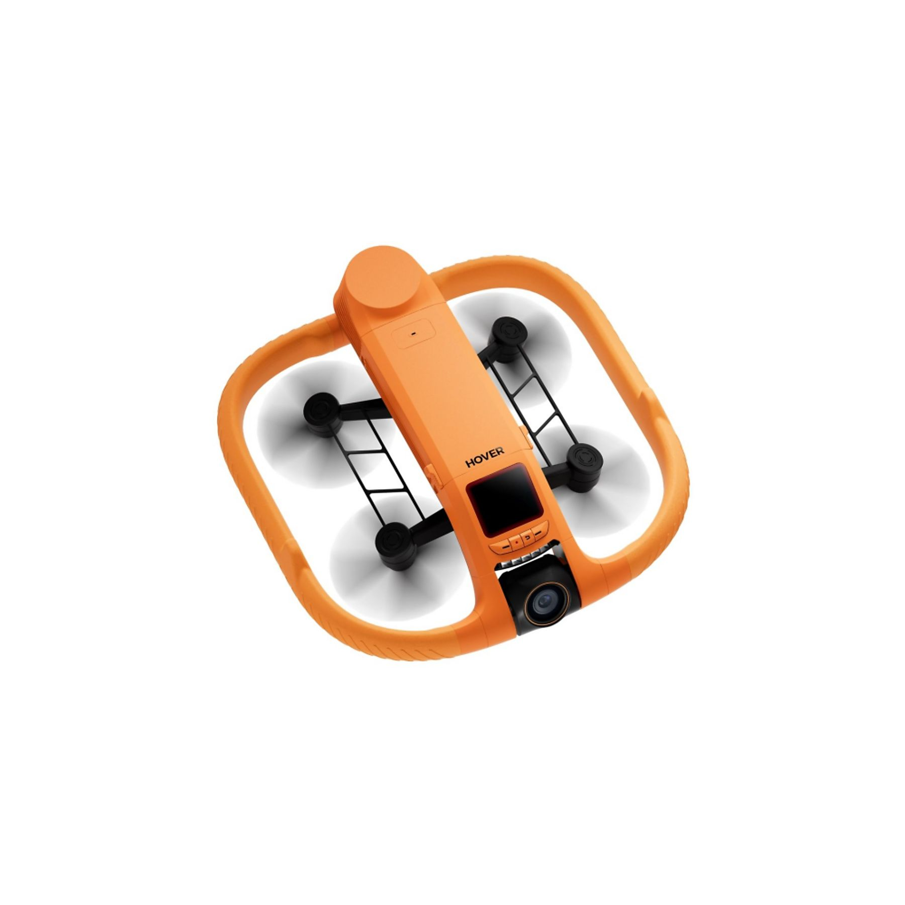 Un dron flotante naranja con hélices integradas y cámara frontal sobre fondo blanco.