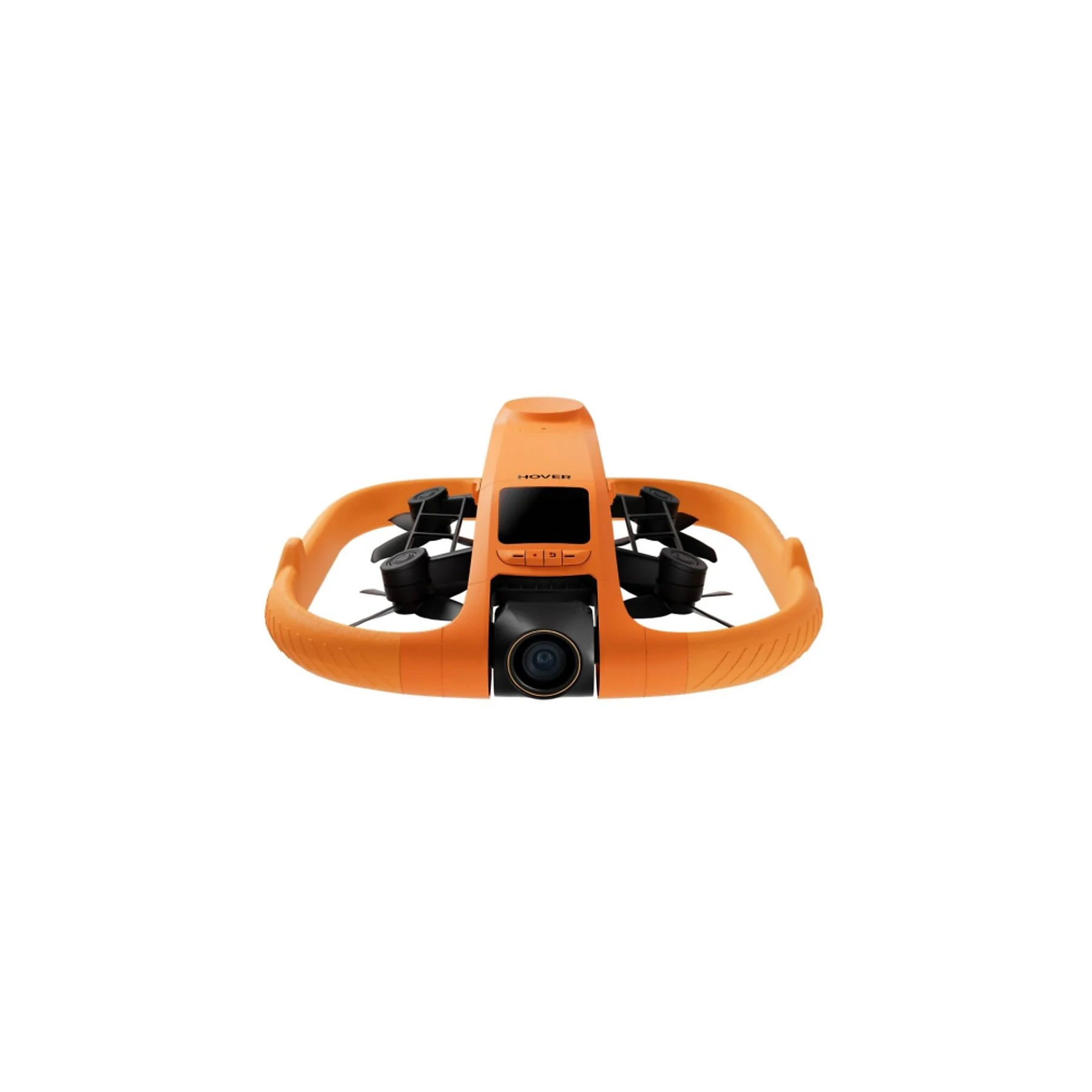 Un dron con cámara Hover naranja y negro, jaula protectora y lente frontal, aislado sobre fondo blanco.