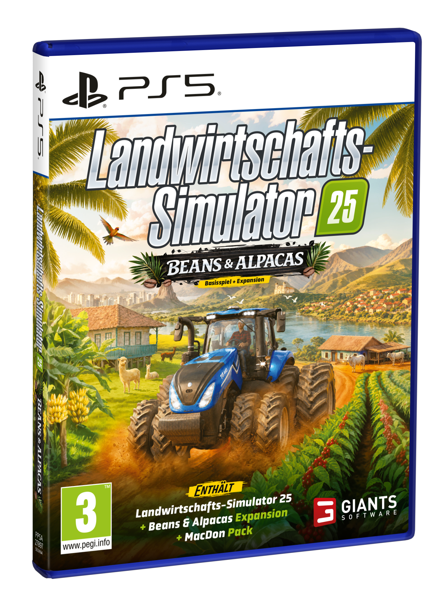 PS5 Spiel Landwirtschafts-Simulator 25 mit blauem Traktor vor tropischer Berglandschaft mit Alpakas und Kaffeefeldern.