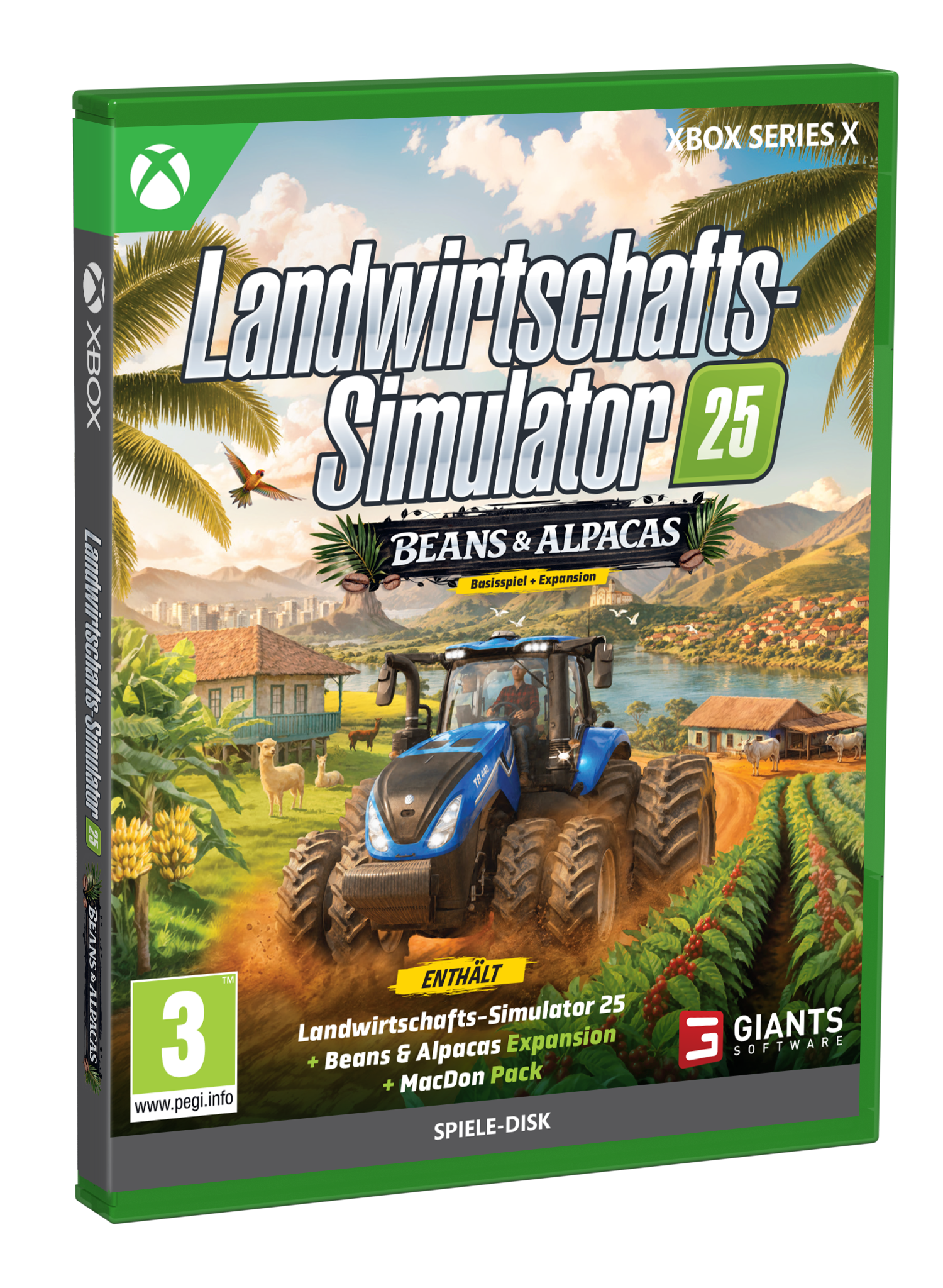 Xbox Series X-Spielhülle für Landwirtschafts-Simulator 25 mit blauem Traktor und tropischer Landschaft.