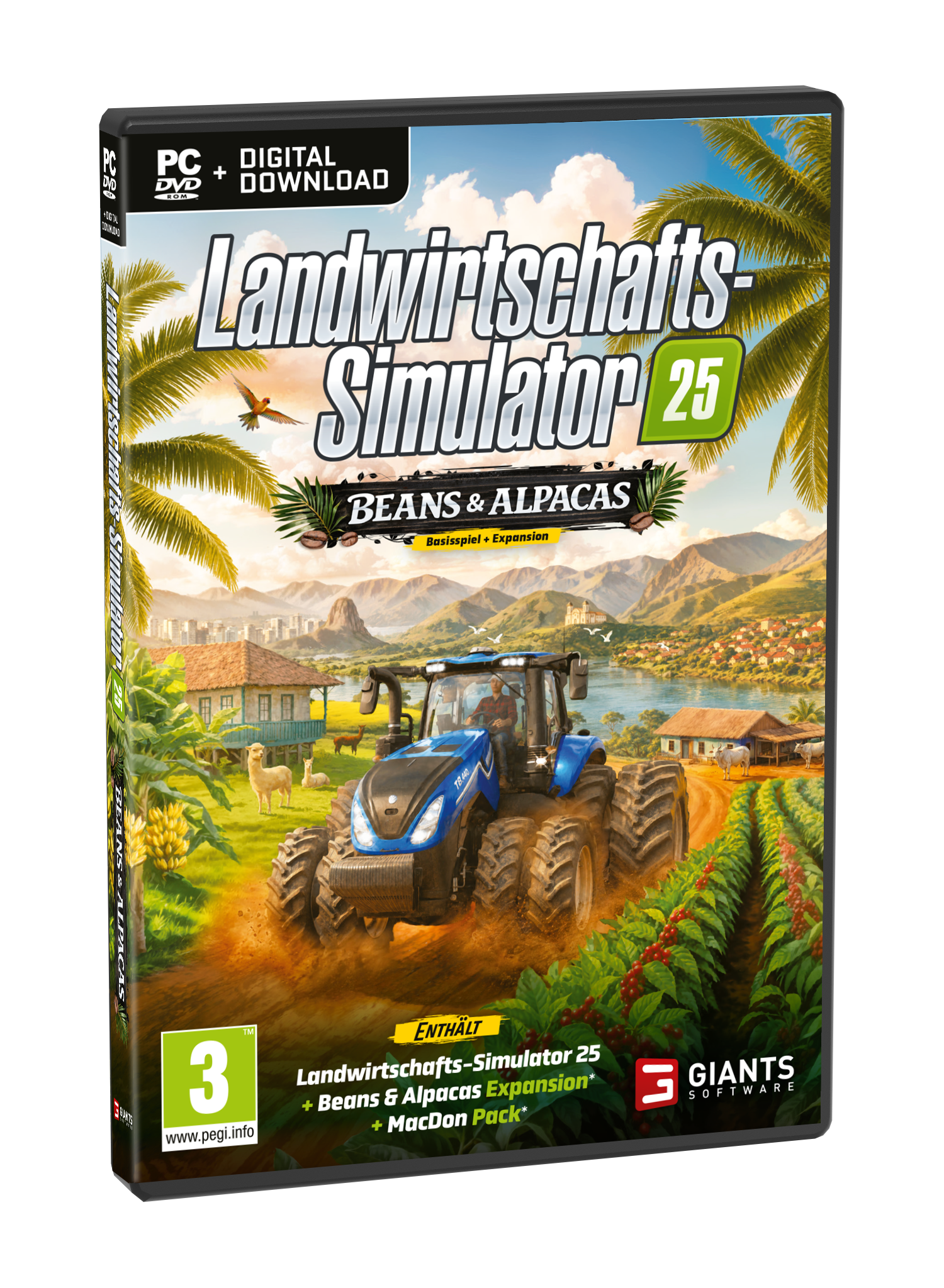 Landwirtschafts-Simulator 25 PC-Spielhülle mit blauem Traktor, alpakas und Plantage vor bergiger Landschaft.