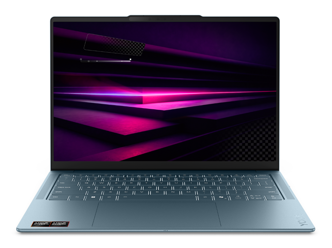 Widok z przodu niebieskiego laptopa z podświetlanym ekranem na czarnym tle.