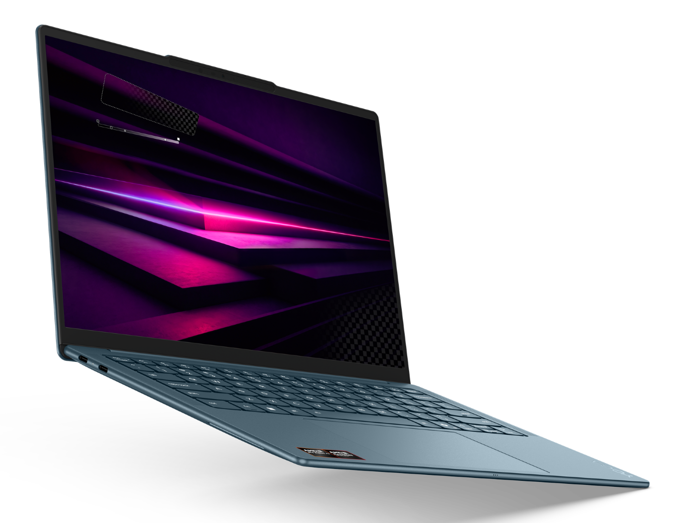 Niebieski laptop jest pokazany pod kątem na czarnym tle, z żywą fioletową, abstrakcyjną tapetą na ekranie.