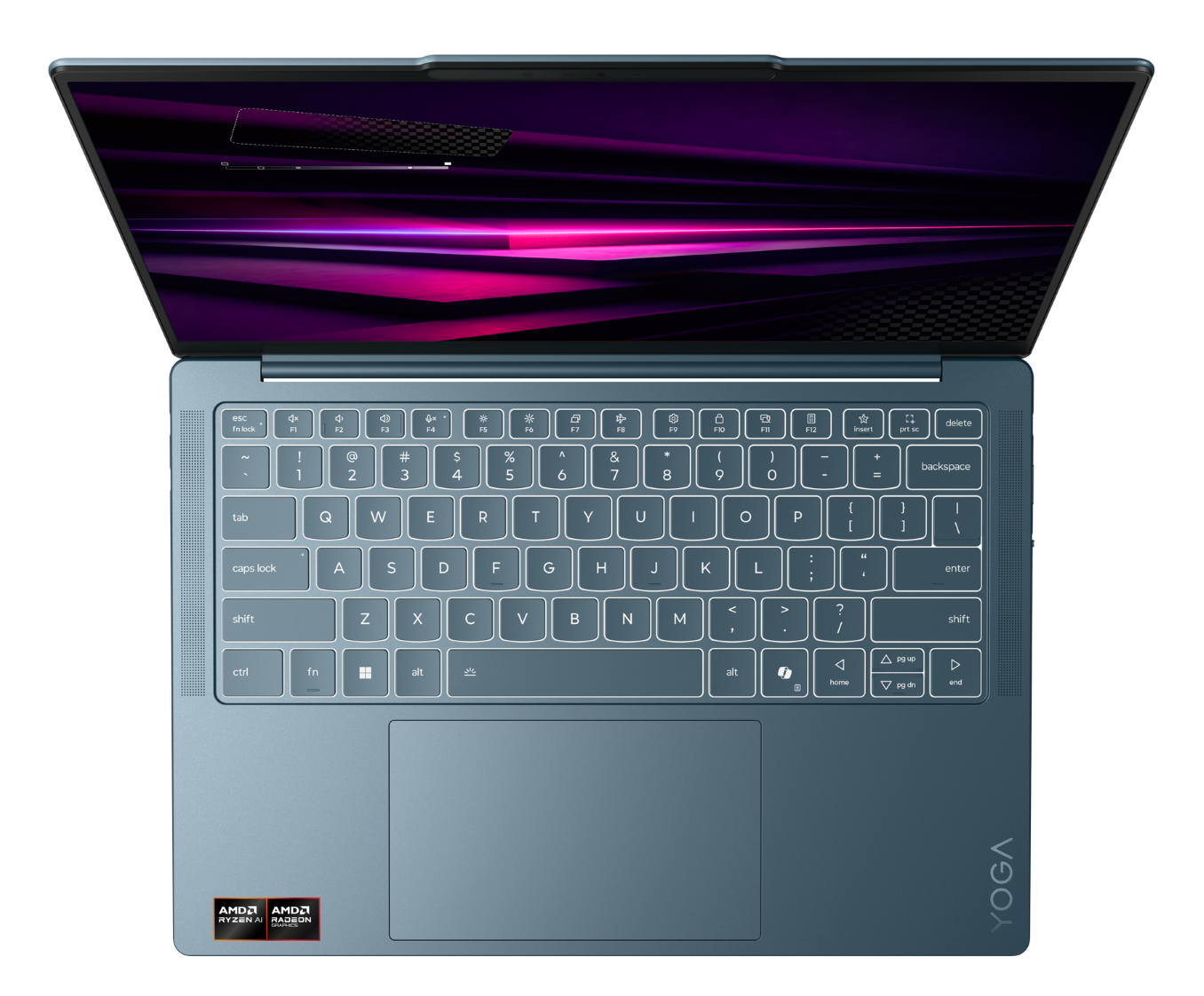 Widok z góry na niebieski laptop z podświetlaną klawiaturą i abstrakcyjnym ekranem.