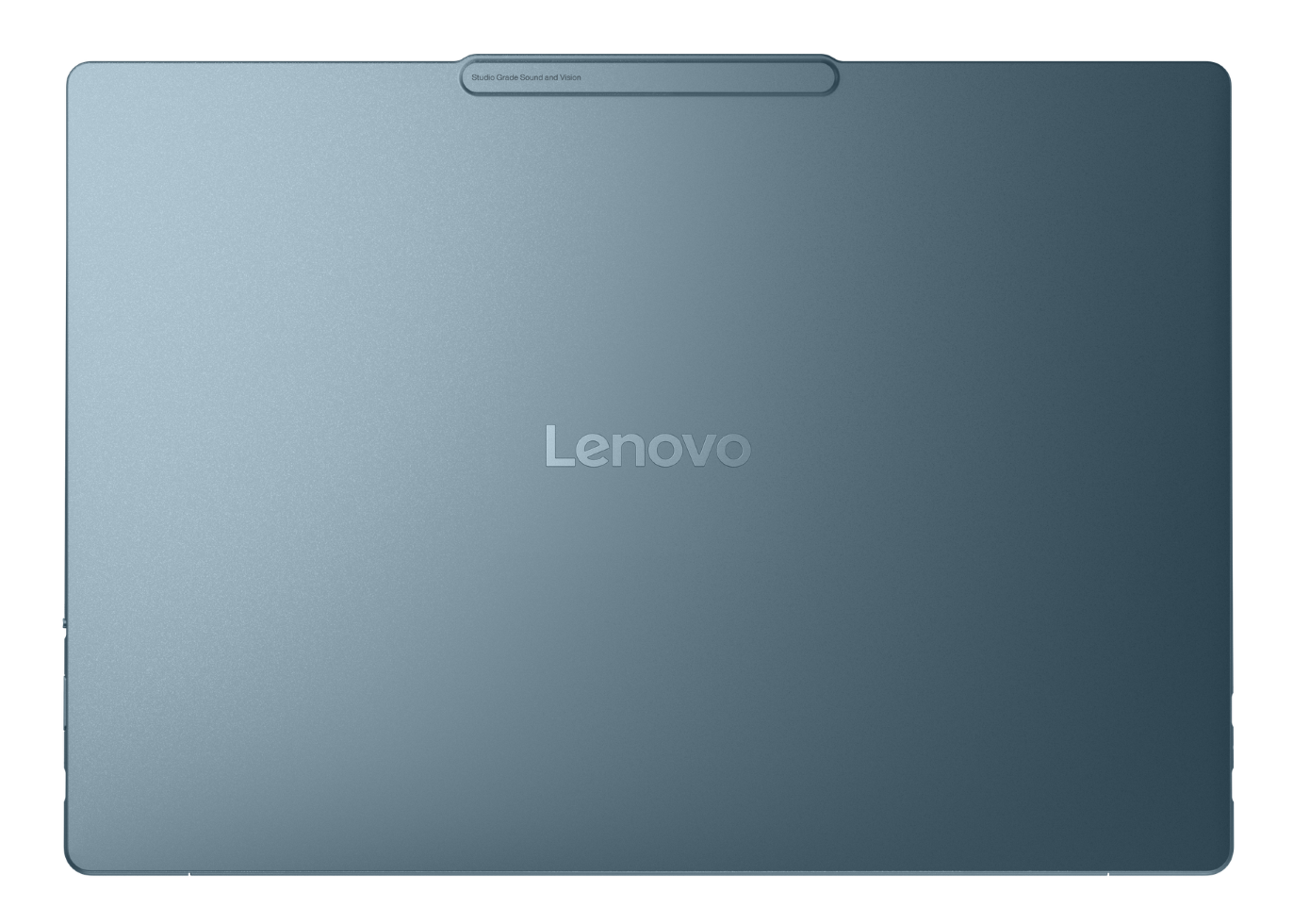 Tył niebieskiego laptopa Lenovo z wbudowanym soundbarem u góry i logo Lenovo na środku na czarnym tle.