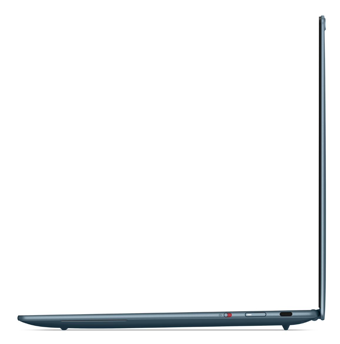 Widok z boku niebieskiego laptopa na czarnym tle z przełącznikiem kamery, przyciskiem zasilania i portem USB-C.