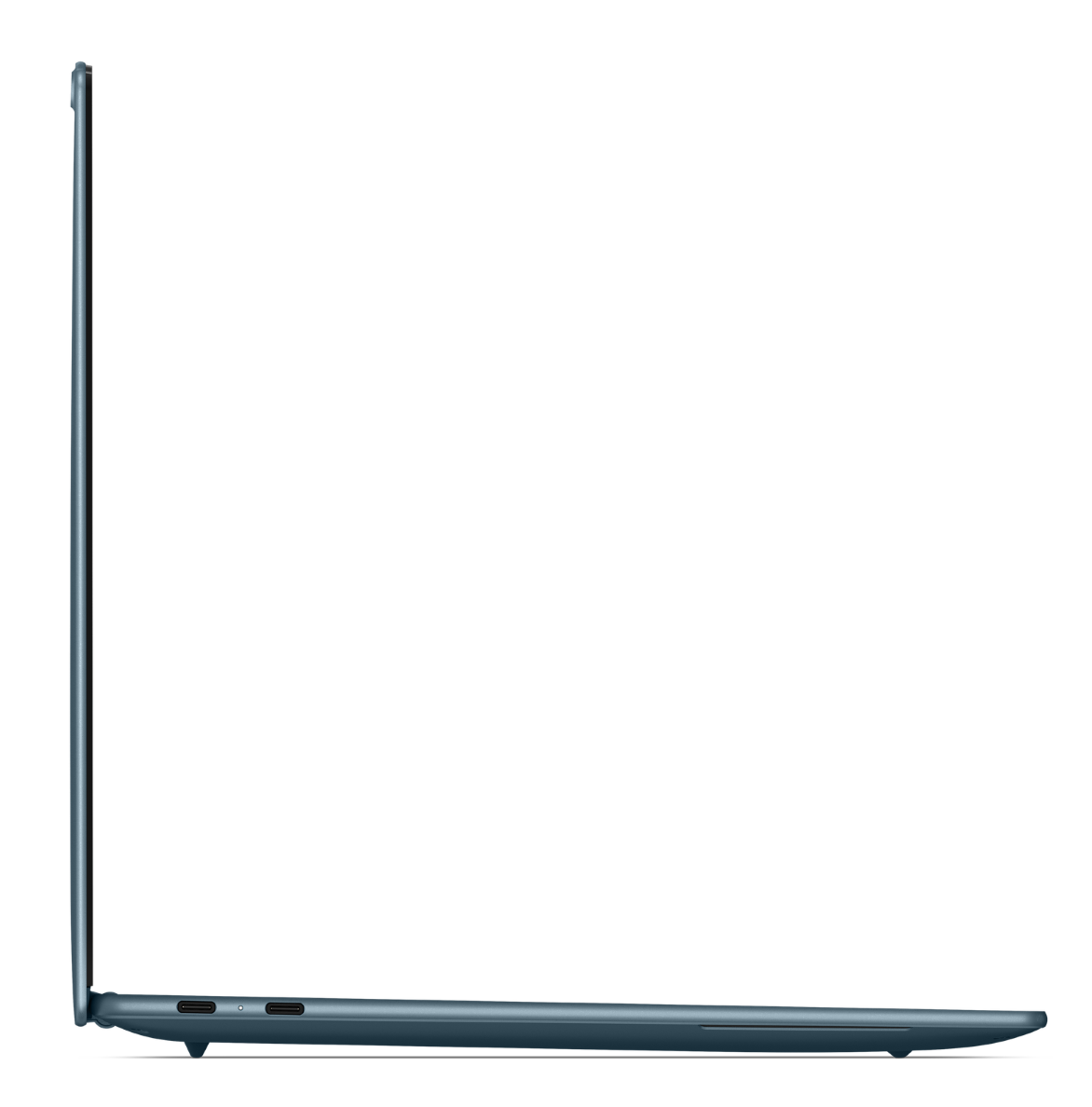 Widok z boku niebieskiego laptopa z dwoma portami USB-C na czarnym tle.