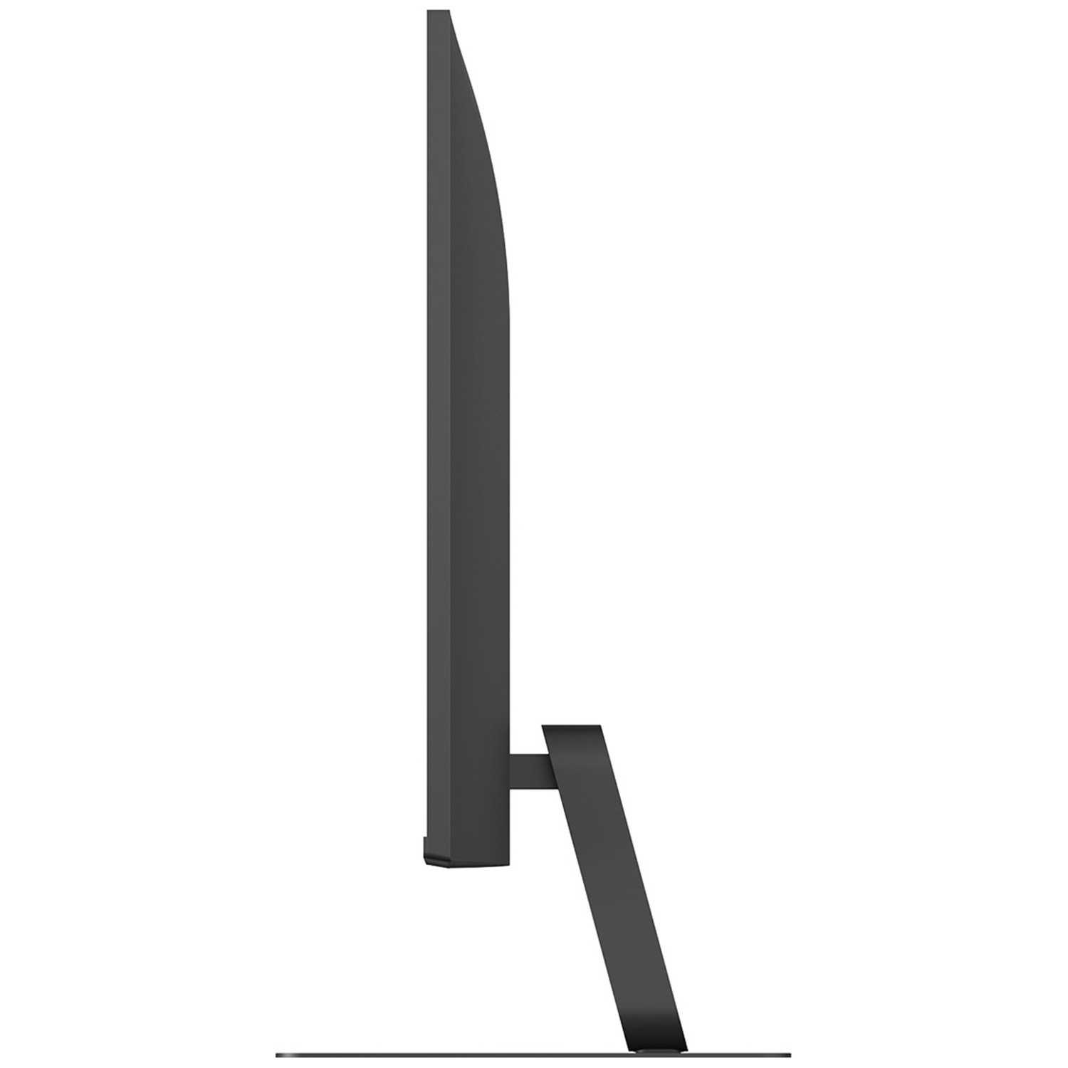 Zijaanzicht van een slanke zwarte computermonitor met een minimalistische standaard op een witte achtergrond.