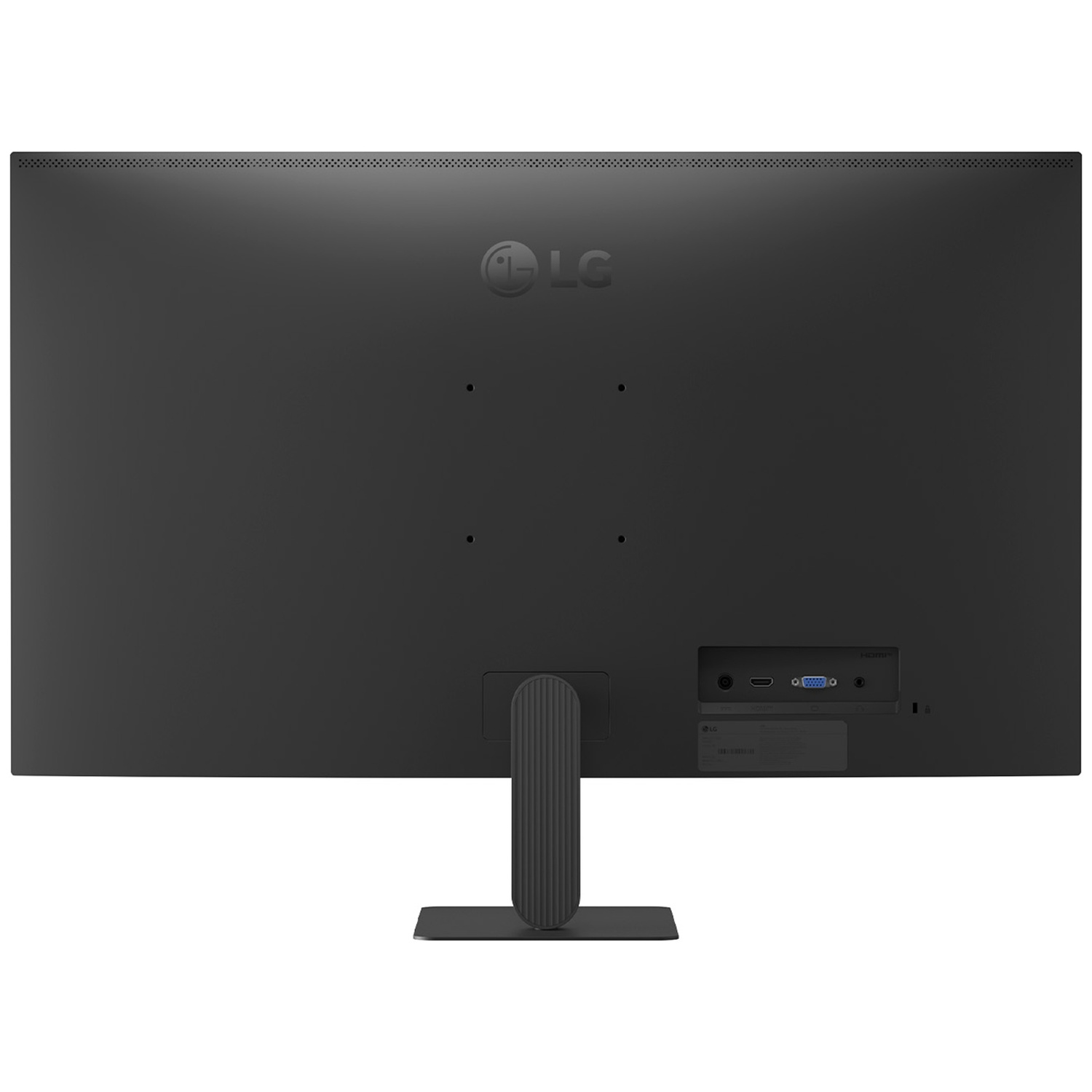 Achteraanzicht van een zwarte LG-monitor met standaard en poorten.
