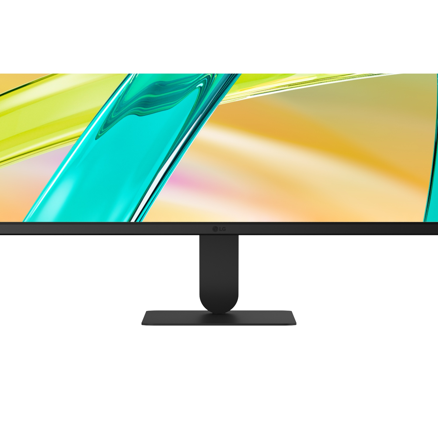 Een brede LG-monitor op een zwarte standaard toont een abstracte, kleurrijke afbeelding met gele en turquoise tinten.