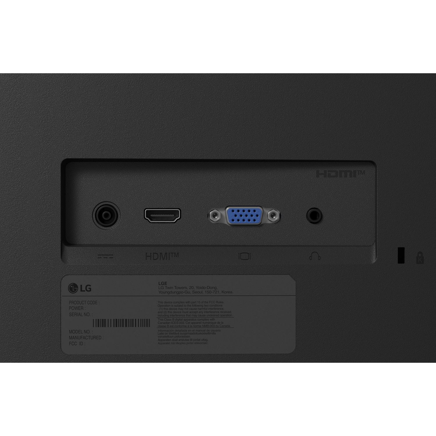 Achterkant van een LG-monitor met audio-, HDMI- en VGA-poorten en een label.