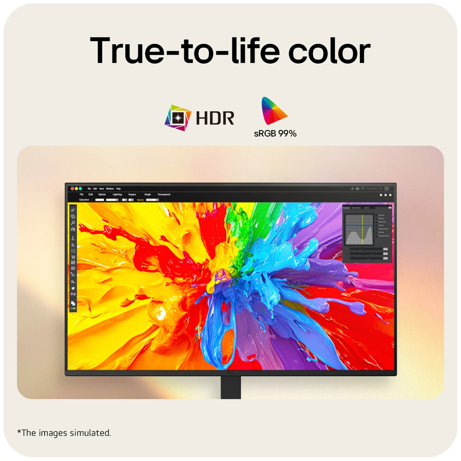 Een monitor toont een levendige, exploderende kleurenspat, met HDR- en sRGB-logo's erboven.