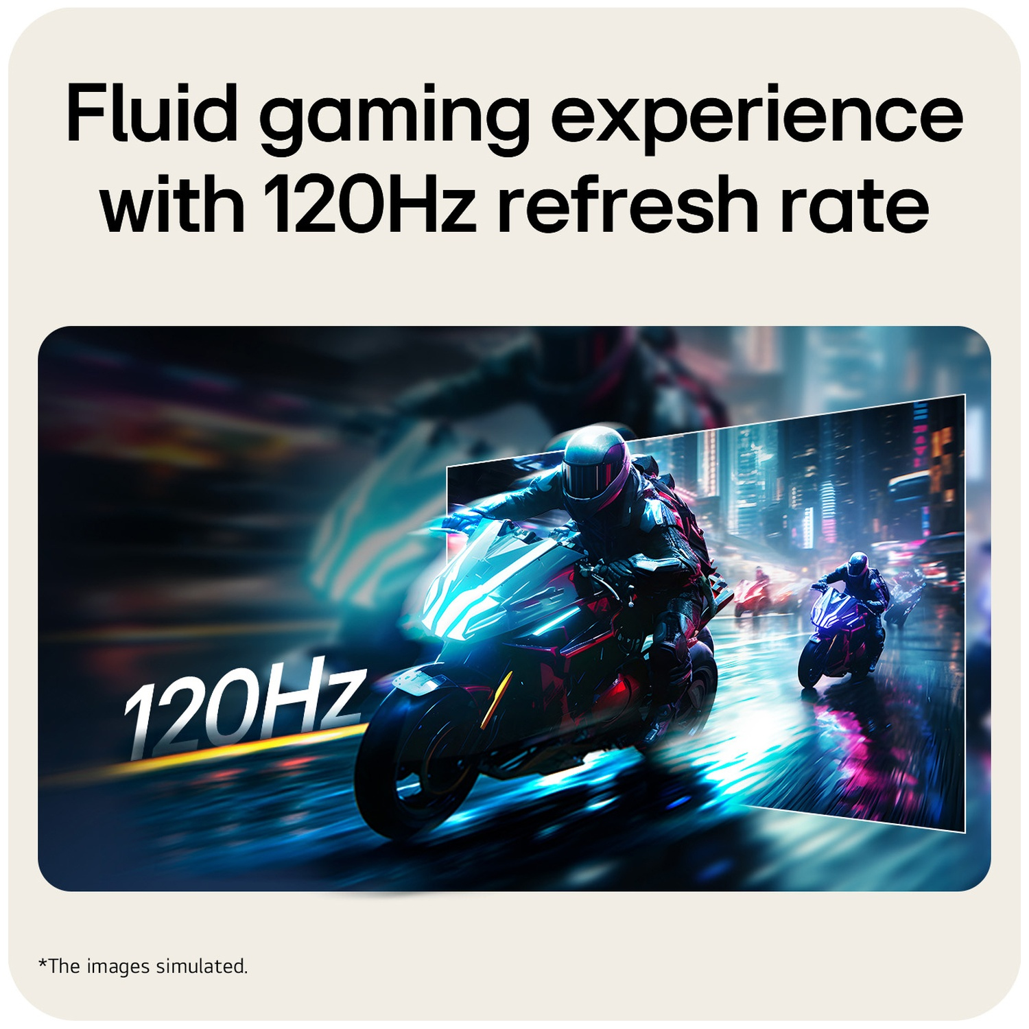 Tekst over vloeiende game-ervaring met 120Hz boven een afbeelding van motorrijders die 's nachts door een stad racen.
