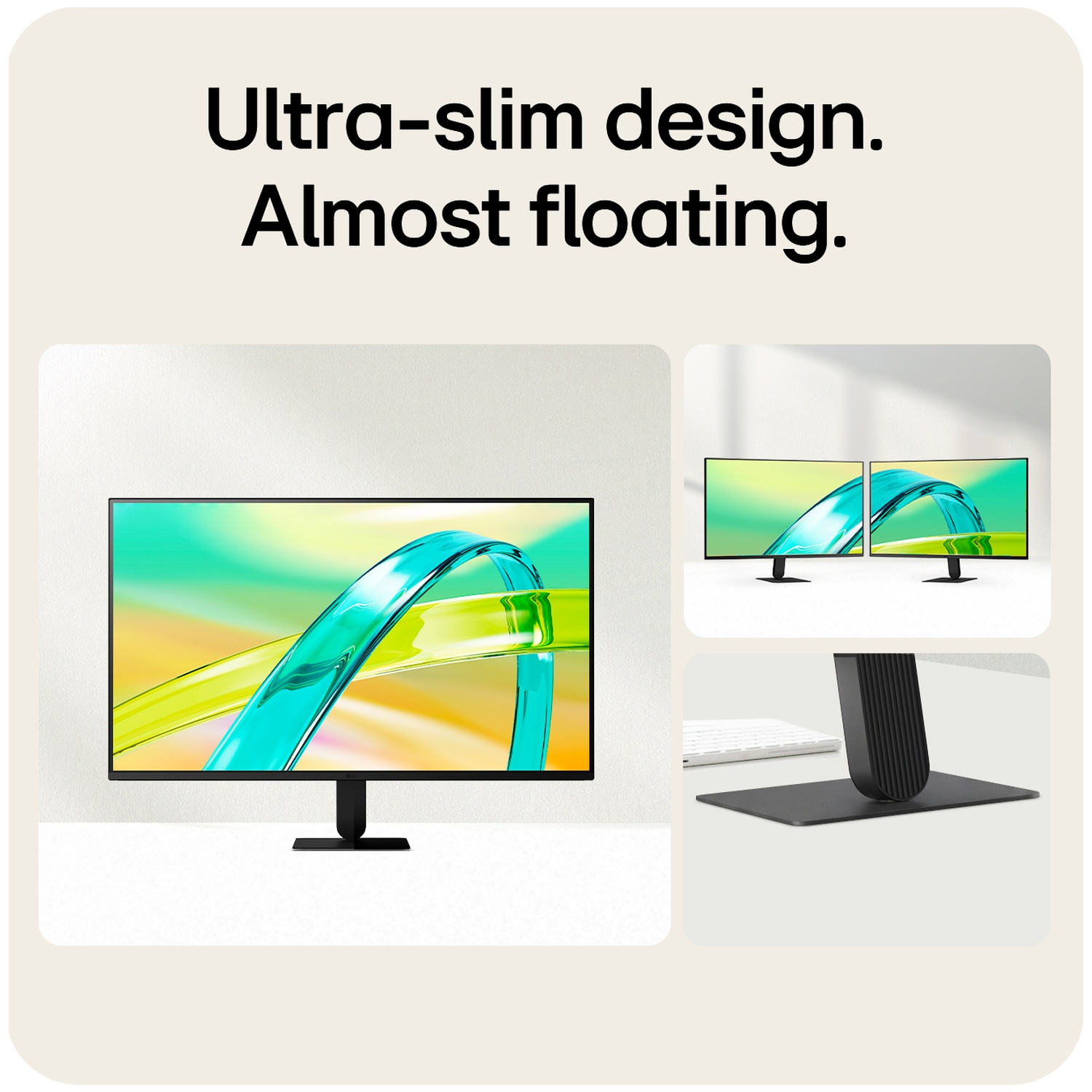 Een ultradunne computermonitor met een slanke voet toont een kleurrijke abstracte grafiek.