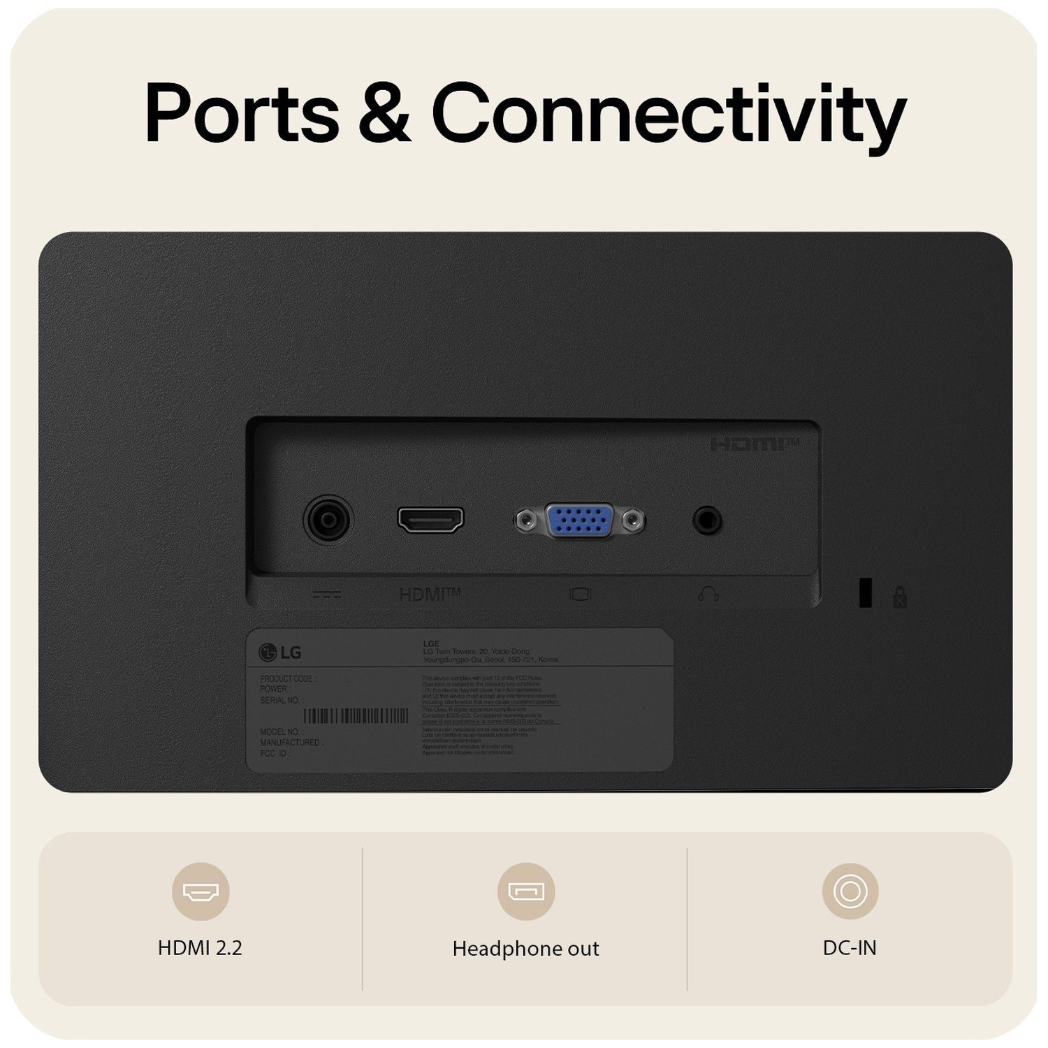 Achteraanzicht van een zwarte LG-monitor met poorten zoals HDMI, VGA, koptelefoonaansluiting en DC-ingang.