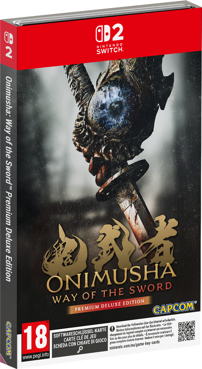 Nintendo Switch 2 Spielehülle von Onimusha: Way of the Sword, mit blutigem Schwert und großem Auge auf dem Cover.