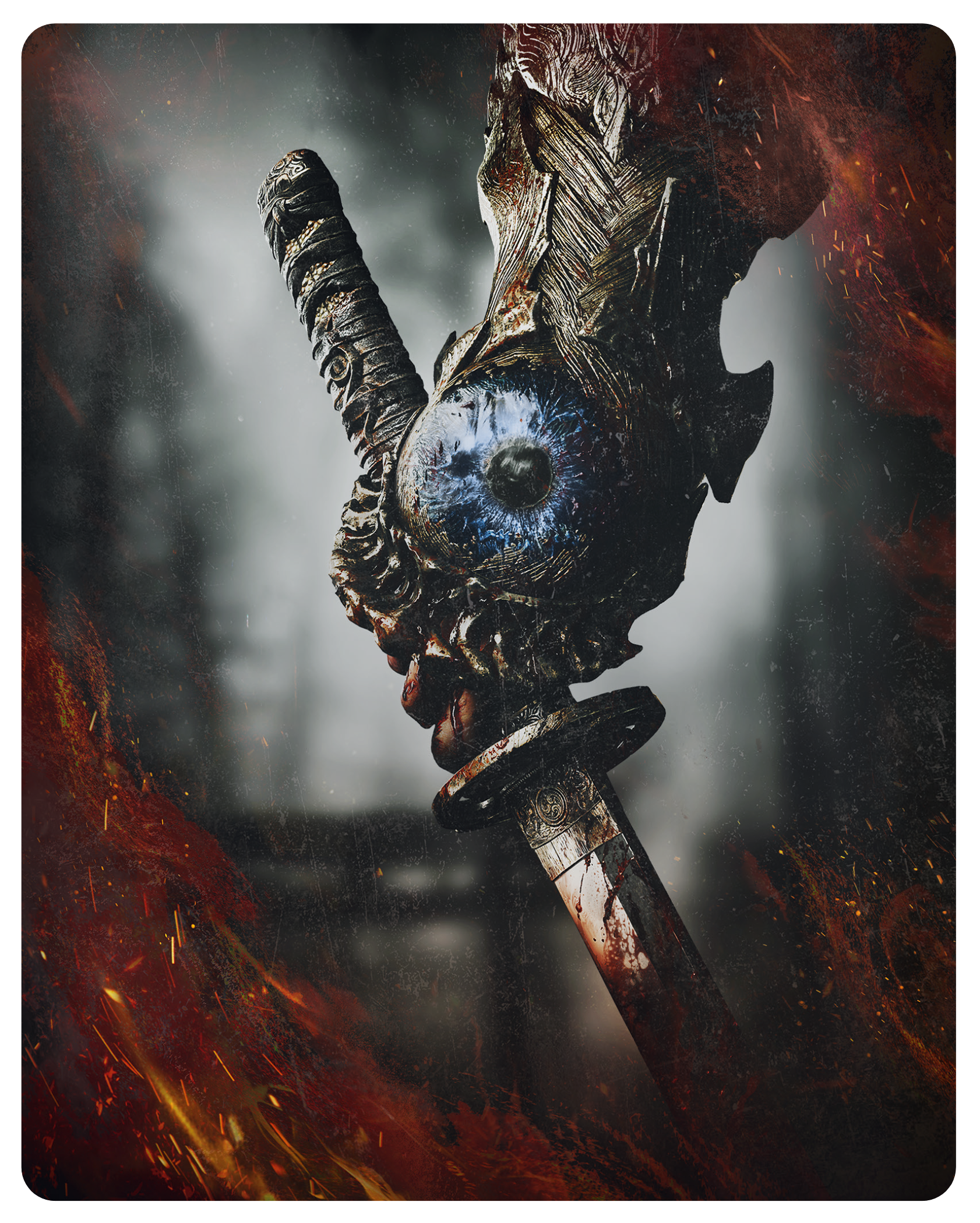 Ein blutiges Katana mit einem großen blauen Auge auf dem verzierten Griff vor verschwommenem Hintergrund.