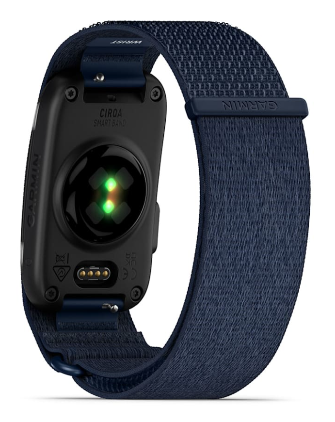 Tylna strona czarnego smartwatcha Garmin z czujnikami i niebieskim paskiem z tkaniny.