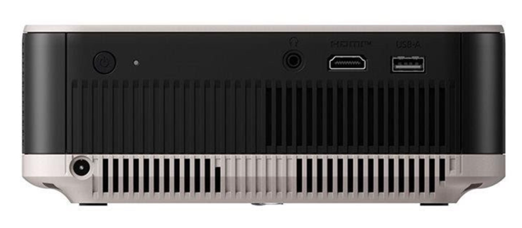 Widok z tyłu urządzenia elektronicznego z przyciskiem zasilania, portami audio, HDMI i USB oraz kratkami.