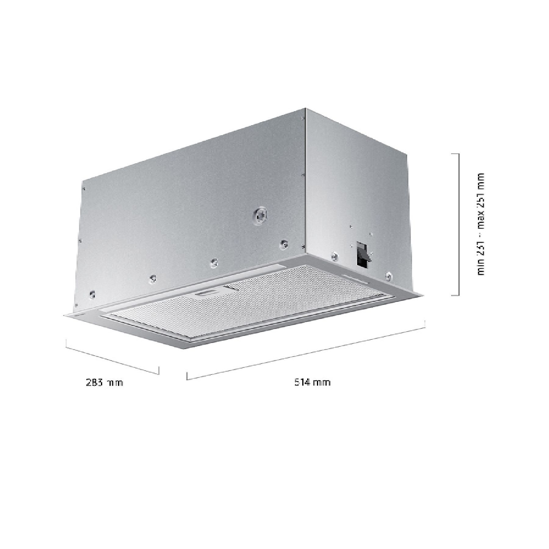 Dibujo técnico de una campana extractora plateada con dimensiones de 283 mm, 514 mm y mín. 251 a máx. 251 mm.